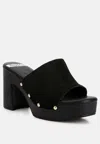 RAG & CO CARTERA SUEDE HIGH BLOCK HEEL CLOGS IN BLACK