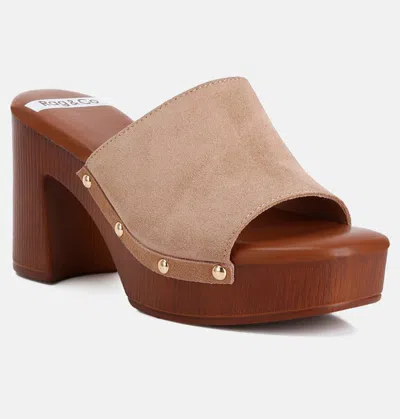 Rag & Co Cartera Suede High Block Heel Clogs In Tan In Brown