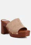 Rag & Co Cartera Suede High Block Heel Clogs In Tan In Brown
