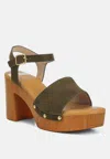 Rag & Co Daniela Suede High Block Sandals In Olive Green In Green