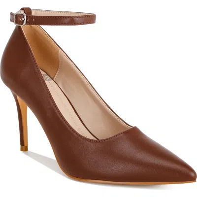 Rag & Co Dittany Pointed Toe Ankle Strap Pump In Brown Leather
