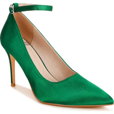 Rag & Co Dittany Pointed Toe Ankle Strap Pump In Green Satin
