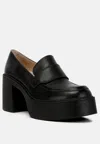 Rag & Co Elspeth Heeled Platform Leather Loafers In Black In Black