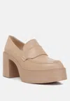 RAG & CO ELSPETH HEELED PLATFORM LEATHER LOAFERS IN SAND