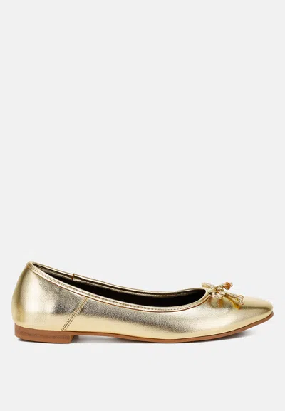 Rag & Co Enchanted Bow Detail Metallic Ballerinas In Gold