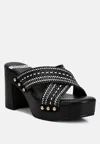 RAG & CO FINLEY RAFFIA HIGH BLOCK HEEL CLOGS IN BLACK