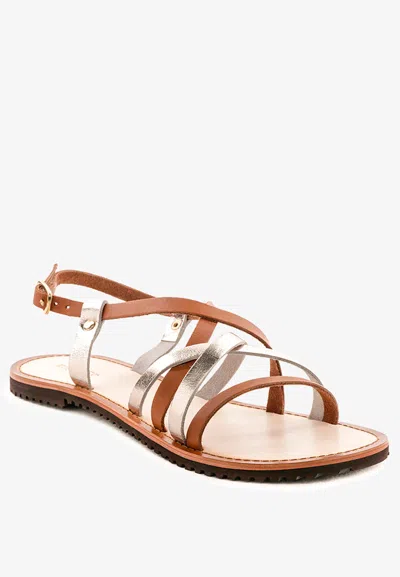 Rag & Co June Tan Strappy Flat Leather Sandals In Gold