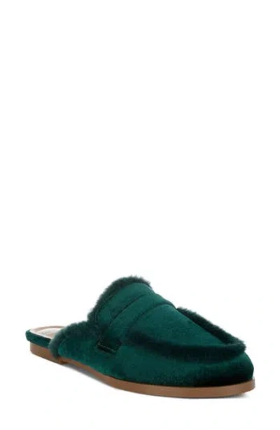 Rag & Co Malta Faux Fur Trim Velvet Mule In Bottle Green