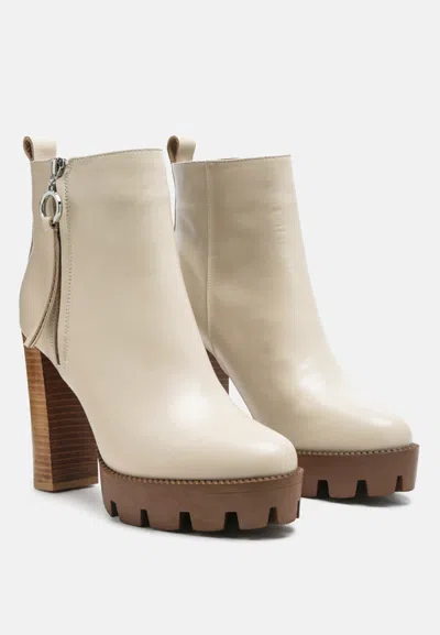 Rag & Co Mistress High Block Heeled Chunky Leather Boot In Beige In White