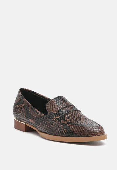 Rag & Co Julia Snake Skin Textured Loafers In Brown