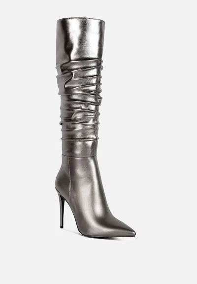 Rag & Co New-expression Pewter Metallic Ruched Stiletto Knee Boots In Silver