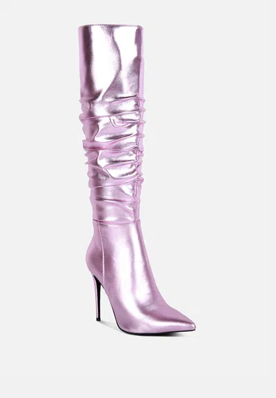 Rag & Co New-expression Pink Metallic Ruched Stiletto Knee Boots In Purple