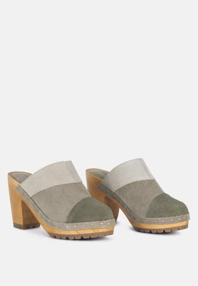 Rag & Co Ochroma Vintage Patchwork Suede Mule Clogs In Olive In Grey