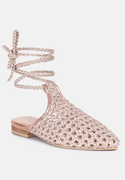 Rag & Co Tutsi Gold Handwoven Honeycomb Tie Up Flat Mules In Pink