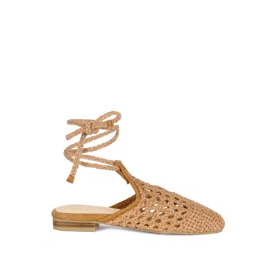 Rag & Co Bartsi Tan Handwoven Tie Up Flat Mules In Beige