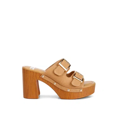 Rag & Co Women's Brown Sarai Buckle Straps High Block Heel Clogs In Tan In  In Pattern