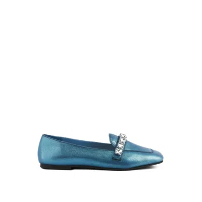 Rag & Co Women's Churros Blue Metallic Diamante Leather Loafers