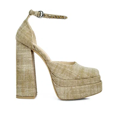 Rag & Co Cosette Diamante Embellished Ankle Strap High Block Heel Sandals In Beige In Gold