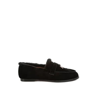 Rag & Co Women's Ohrid Real Suede Leather & Faux Fur Flat Loafers In Black