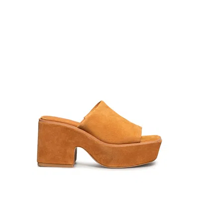 Rag & Co Women's Orange Bardot Tan Fine Suede Handcrafted Platform Slides By  In Gold
