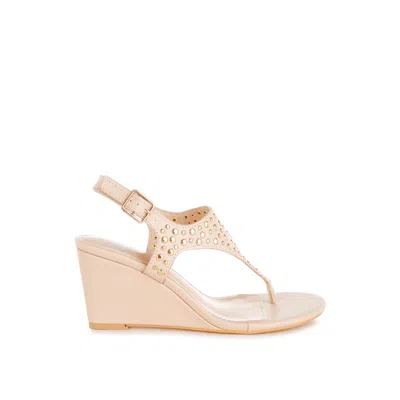 Rag & Co Women's Pink / Purple Sappho Studded Thong Toe Wedges In Beige In Pink/purple