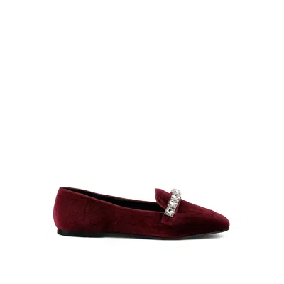 Rag & Co Women's Red Lamington Diamante Embellished Velvet Loafers In Burgundy By