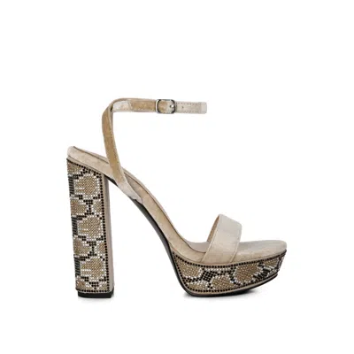 Rag & Co Women's Rose Gold Zircon Beige Diamante Studded High Block Heel Sandals