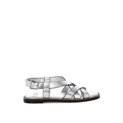 RAG & CO WOMEN'S SILVER DOATA METALLIC GENUINE LEATHER BUCKLED FLATS