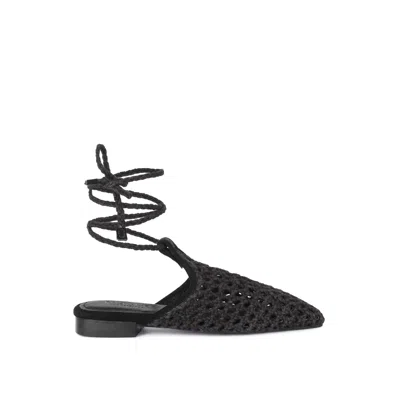 Rag & Co Tutsi Black Handwoven Honeycomb Cotton Tie Up Mule Flats