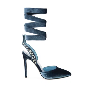 Rag & Co Women's Wallis Blue Velvet Diamante Stud Tie Up Sandals