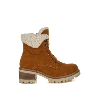 Rag & Co Women's Yellow / Orange Madoka Fur Collar Chunky Ankle Boots In Tan In Yellow/orange