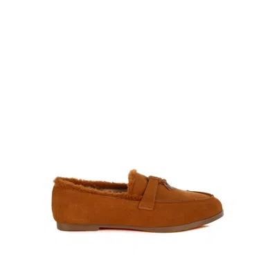 Rag & Co Women's Yellow / Orange Ohrid Real Suede Leather & Faux Fur Flat Loafers In Tan In Yellow/orange