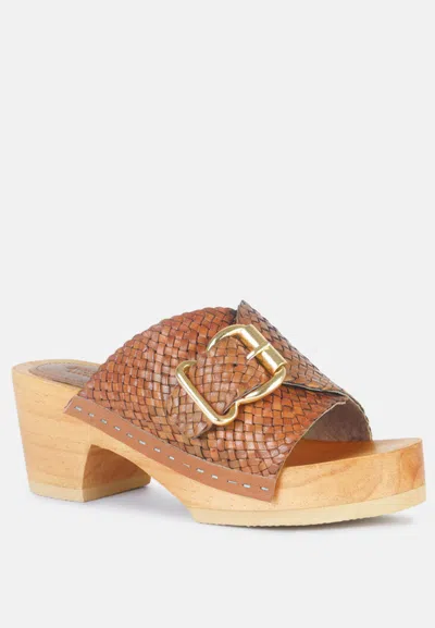 Rag & Co Yoruba Braided Tan Leather Buckled Slide Clogs In Brown