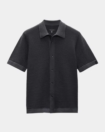 Rag & Bone Harvey Jacquard Stripe Knit Short Sleeve Button-up Shirt In Black