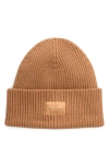 Rag & Bone Blake Logo Patch Wool Blend Rib Beanie In Light Brown