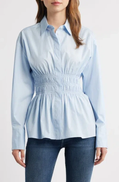 Rag & Bone Blythe Cotton Smocked Waist Peplum Button-up Shirt In Blue