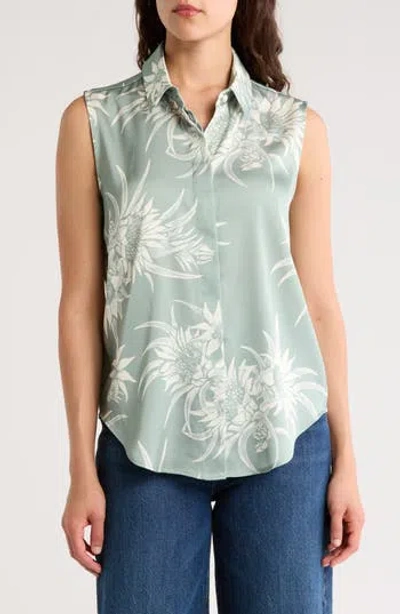 Rag & Bone Darla Floral Sleeveless Satin Button-up Shirt In Moss Multi