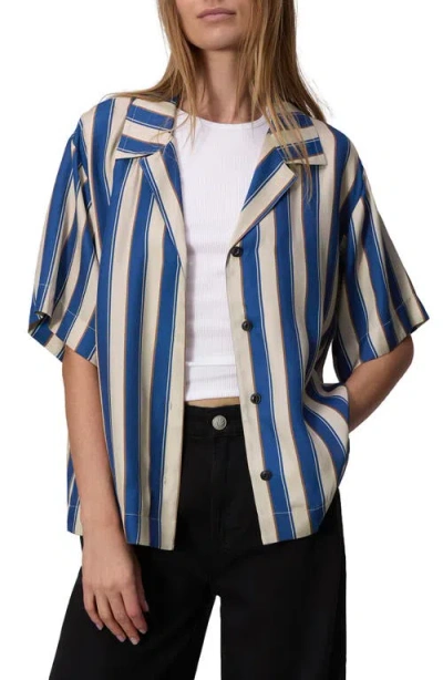 Rag & Bone Declan Short Sleeve Silk Blend Button-up Shirt In Blue/sail Stripe