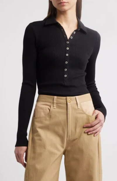Rag & Bone The Essential Ribbed Button Polo Top In Black