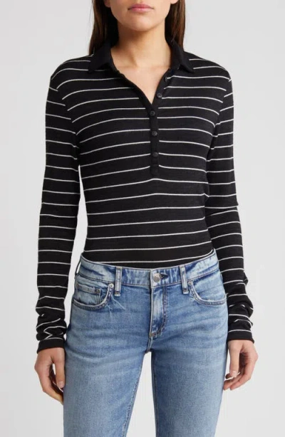 Rag & Bone The Knit Stripe Long Sleeve Polo In Black Multi
