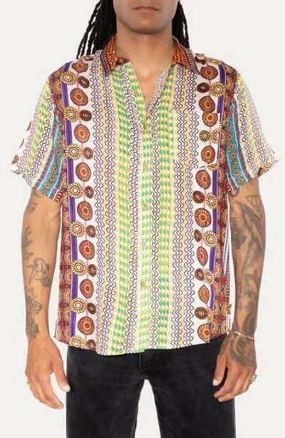 Raga Floral Short Sleeve Button-up Shirt In Brown Multi