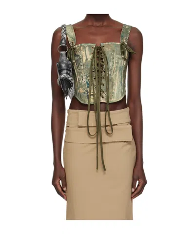 Raga Malak Green Printed Denim Corset In Denim Print