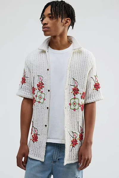 Raga Man Agrim Crochet Button-down Shirt Top In Ivory, Men's At Urban Outfitters In White