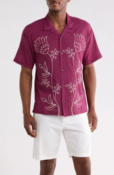 Raga Man Baljeet Embroidered Cotton Camp Shirt In Burgundy