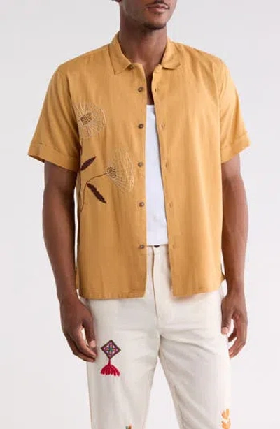 Raga Man Imaran Embroidered Button-up Shirt In Gold