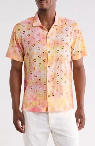 Raga Man Sunrise Floral Eyelet Short Sleeve Button-up Shirt In Orange