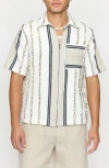 Raga Stripe Embroidered Cotton Short Sleeve Zip-up Shirt