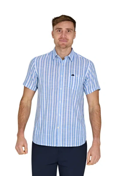 Raging Bull Short Sleeve Cotton Linen Look Shirt In Blue