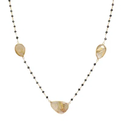 Rahul's Jewels Women's Black / Gold 18.5" Genuine Black Diamond & Rutilated Quartz Rosary Necklace - 5.50 Carat Dia In Multi
