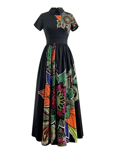Rahyma Women's Floral Victoria Cotton Print Vintage Maxi Dress- Black